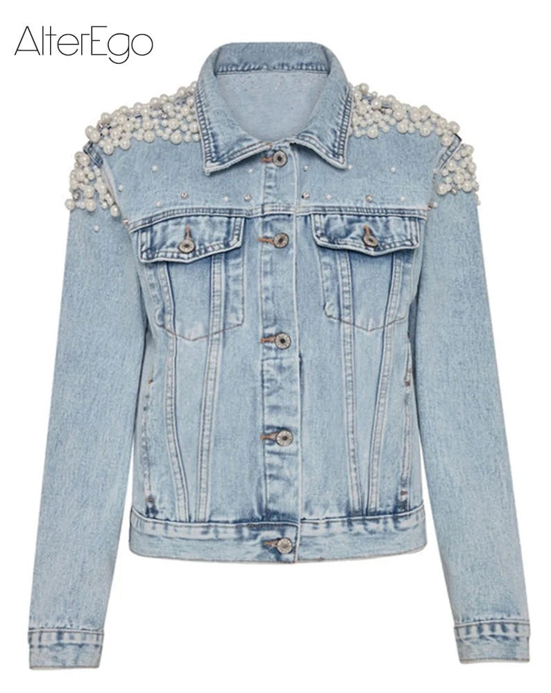 Luxury Jean Jackets Bride Pearl Denim Coat Bridal Pearls Coats Future Denim Outerwear Wedding Women's Clothing 2023 Solid Jacket