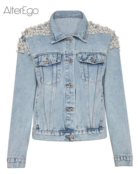 Luxury Jean Jackets Bride Pearl Denim Coat Bridal Pearls Coats Future Denim Outerwear Wedding Women's Clothing 2023 Solid Jacket