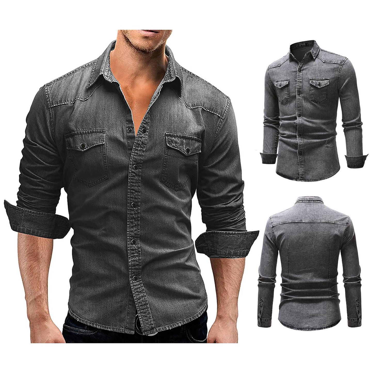 2024 Men's Spring Autumn Casual Shirts Solid Color Long Sleeve Lapel Denim Tops Button Shirts for Party