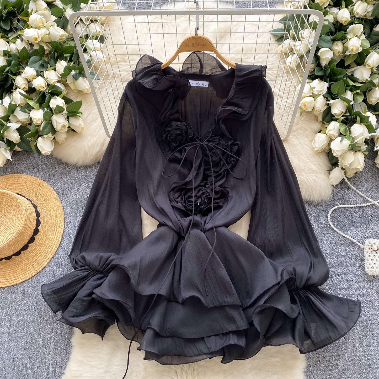 SINGREINY 3D Floral Beach Short Dress Female Long Sleeves Lace Up Ruffle Chiffon
