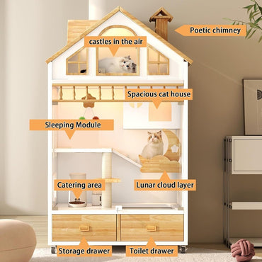 Condomínio para Gatos Fechado, Grande Casa de Madeira para Gatos Gaiola Interna Recinto para Gatos com Rodas, Condomínio Fechado com Múltiplos Recursos e Caixa de Areia