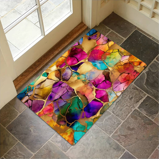 Vibrant Abstract Doormat - Colorful Marble and Gold Design for a Stylish Home Entrance, Perfect for Modern Decor