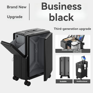 New Front-Opening Luggage with Large Capacity, Expandable, Cup Holder, USB Charging, Telescopic Handle, and Universal Wheels