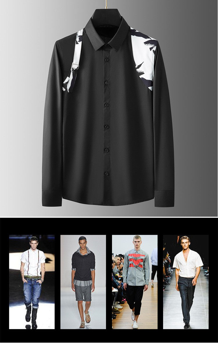 Metal Buckle Camouflage Shoulder Strap Splicing Shirt for Men High End Casual Business Men's Shirt Long Sleeve Social Streetwear