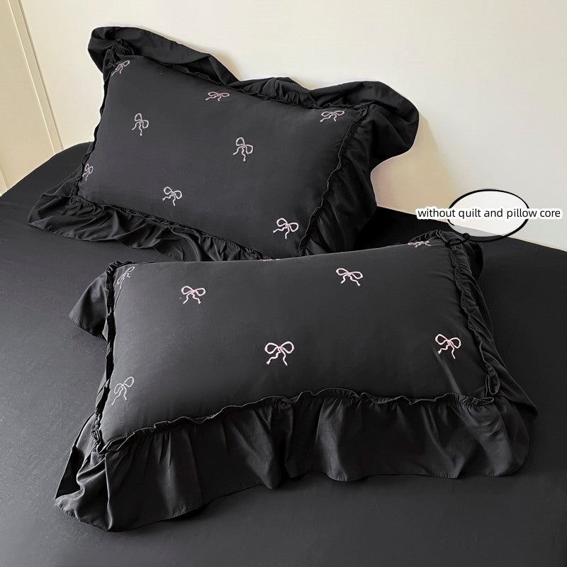3pcs bow embroidery Bedding set ruffles Duvet Cover Set (1*Duvet Cover + 2*Pillowcase, Without Core)for bedroom guest room