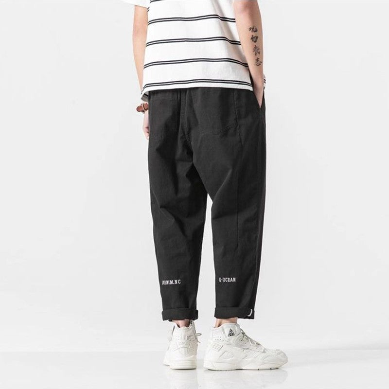 100% Cotton Casual Summer Pants With Belt Men Straight Baggy Ankle-Length Cargo Trousers Wide Leg Sweatpants Male Streetwear