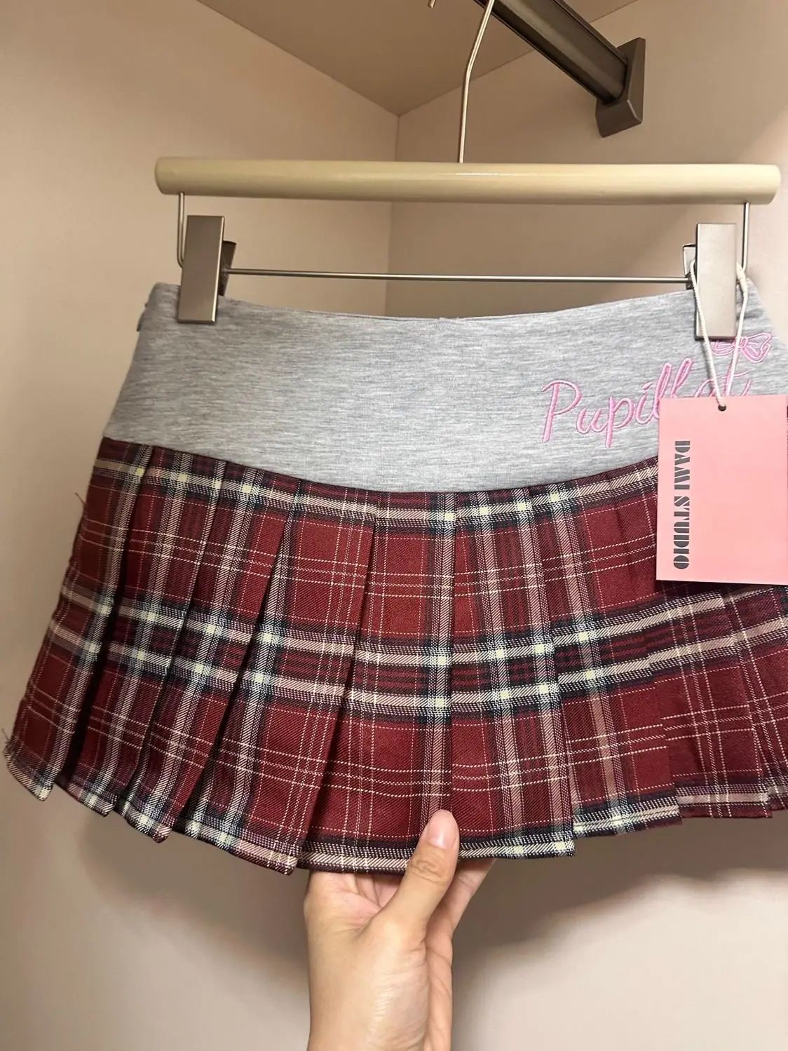 American Retro Spicy Girl Plaid Half Skirt Women Summer New Embroidery Patchwork Fashion High Waist Pleated Short Skirt