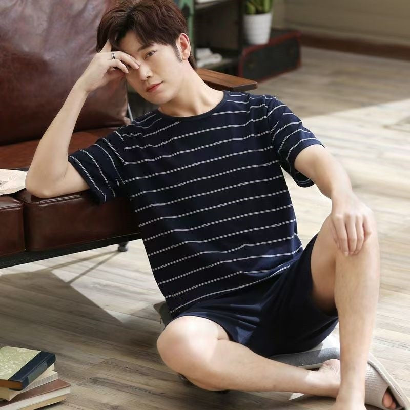 Summer Men's Pajamas Homewear Set Men's Short-Sleeved Shorts Teenage Students Cartoon Striped Casual Pajamas Homewear Set
