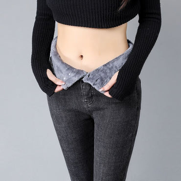 Winter Thick Velvet Women High Waist Skinny Jeans Simple Fleece Warm Slim Fit Stretch Ladies Casual Slim Denim Pencil Pants Y2K