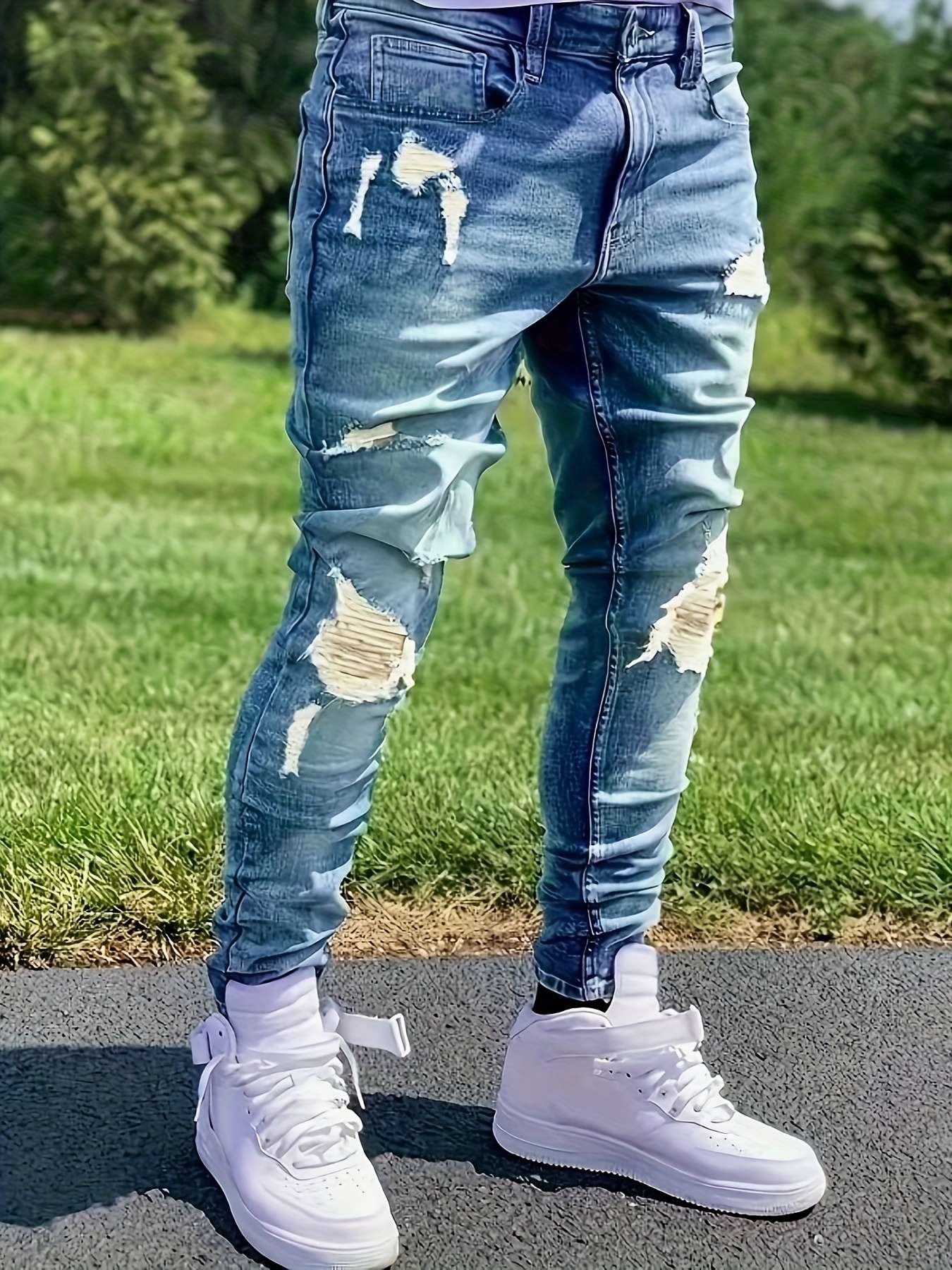 Men's slim fit ripped jeans with street style stretch denim pants