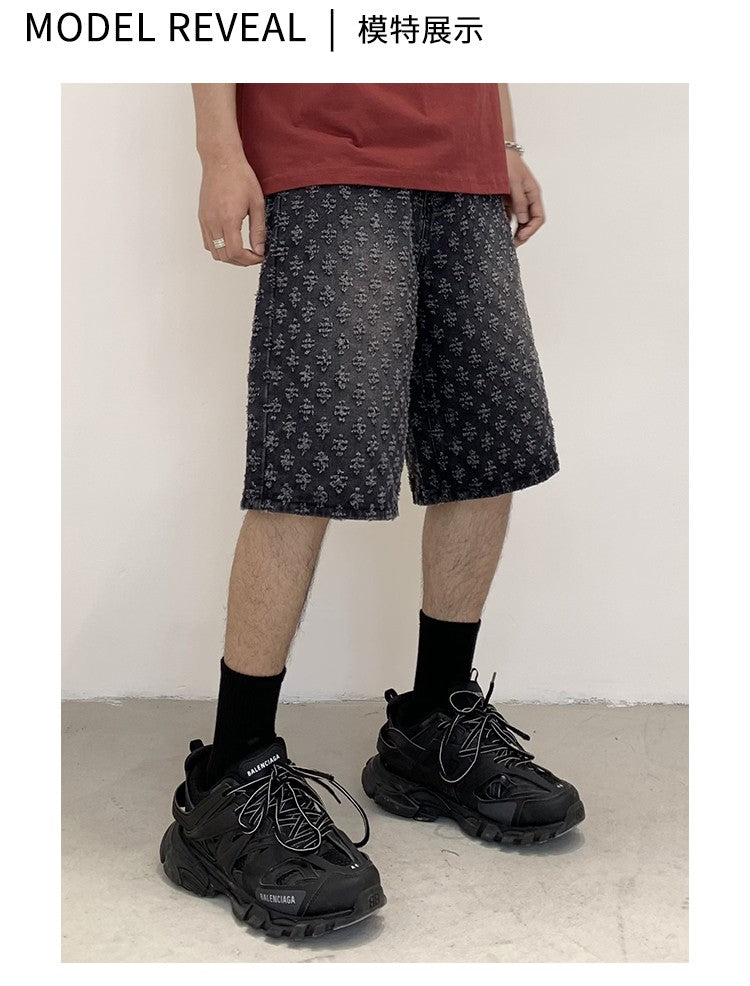 New Summer Men Distressed Short Jeans Vintage Jacquard Straight Leg Men's Denim Shorts Pants