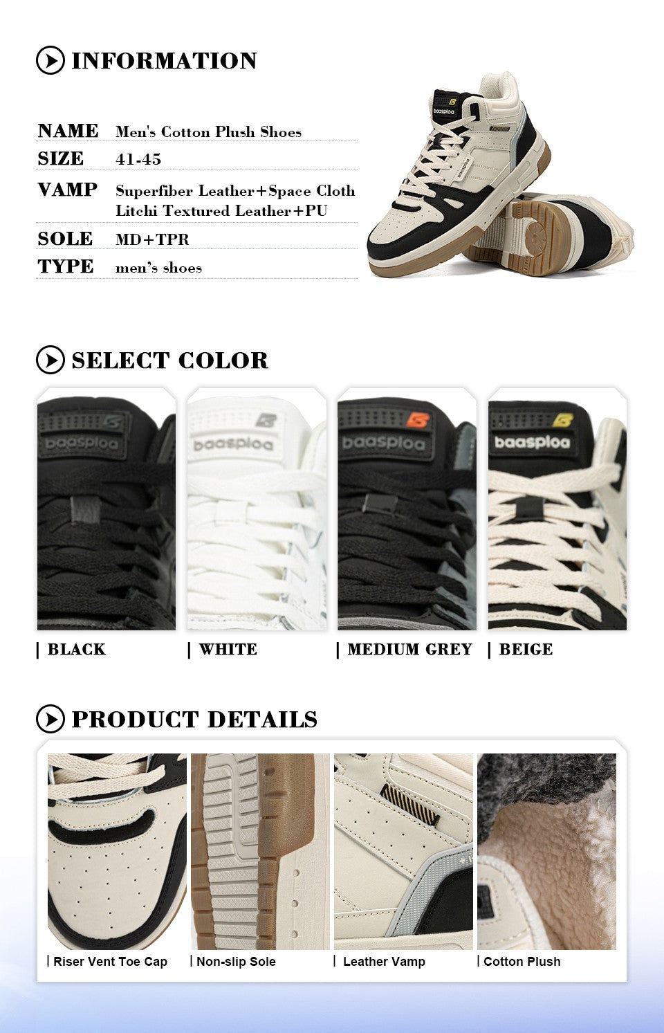 Baasploa Men Winter Sneakers Casual Skateboard Shoes for Men Comfort Plush Warm Cotton Shoes Non-Slip Outdoor Male Sneakers