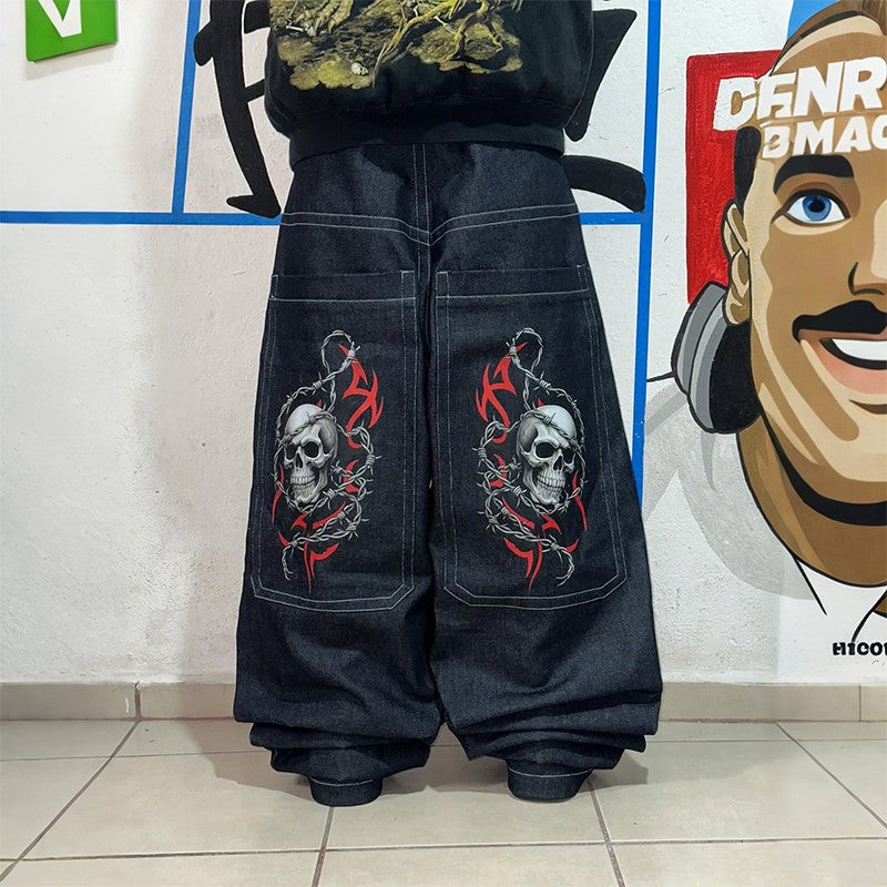 Y2K Vintage Punk Jeans Large Pockets Barbed Wire Skull Printing Loose Wide Leg Jeans Hip Hop Men Women Fashion Casual Streetwear