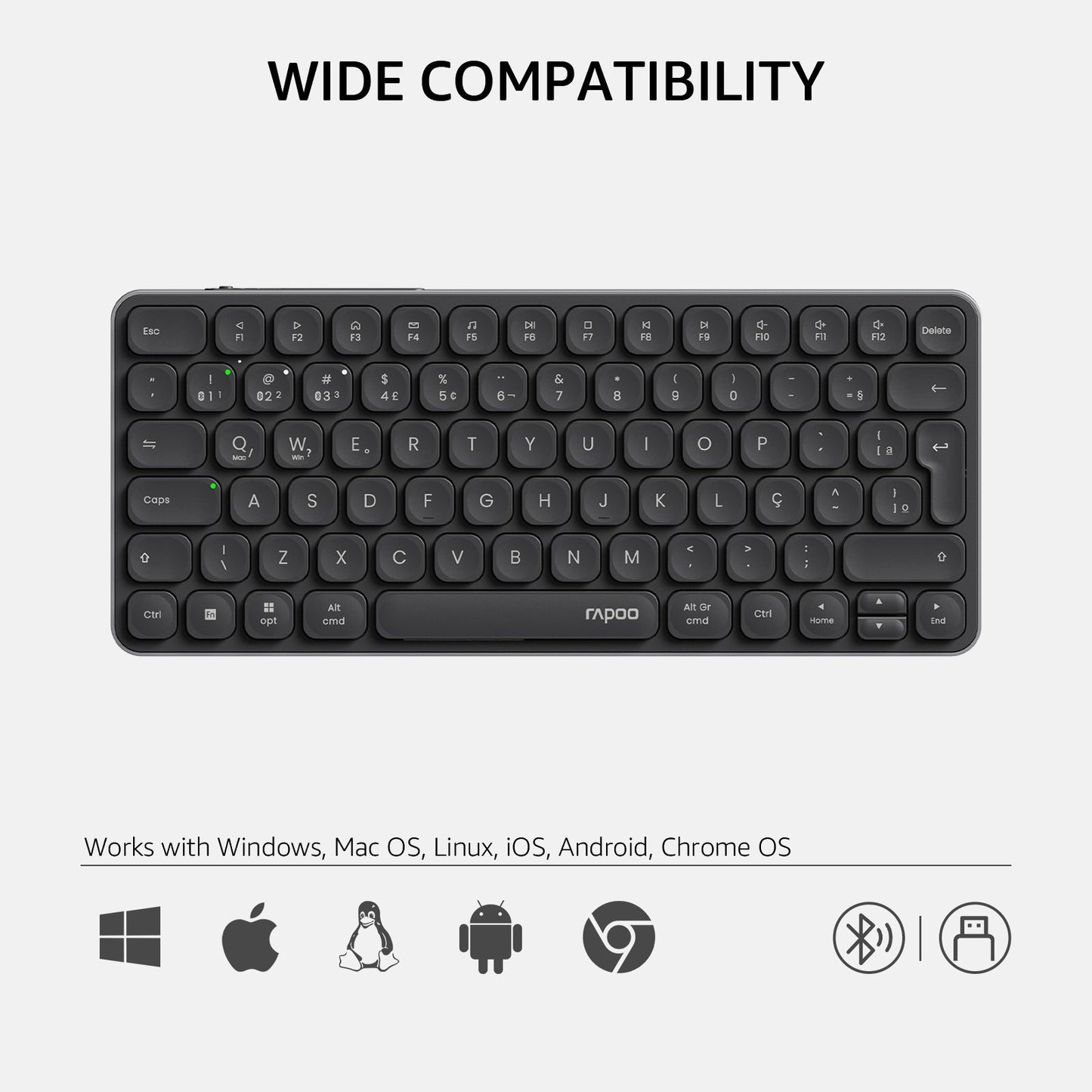 Teclado Sem Fio Bluetooth Multidispositivo Recarregável Rapoo E9050L ABNT2 Português Brasil na Cor Preta com Teclas Multimídia