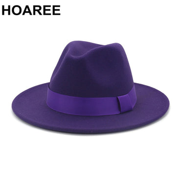 HOAREE Purple Wool Felt Jazz Fedora Hats Men Women Wide Brim Sombrero British Style Trilby Formal Panama Cap Solid Dress Hat