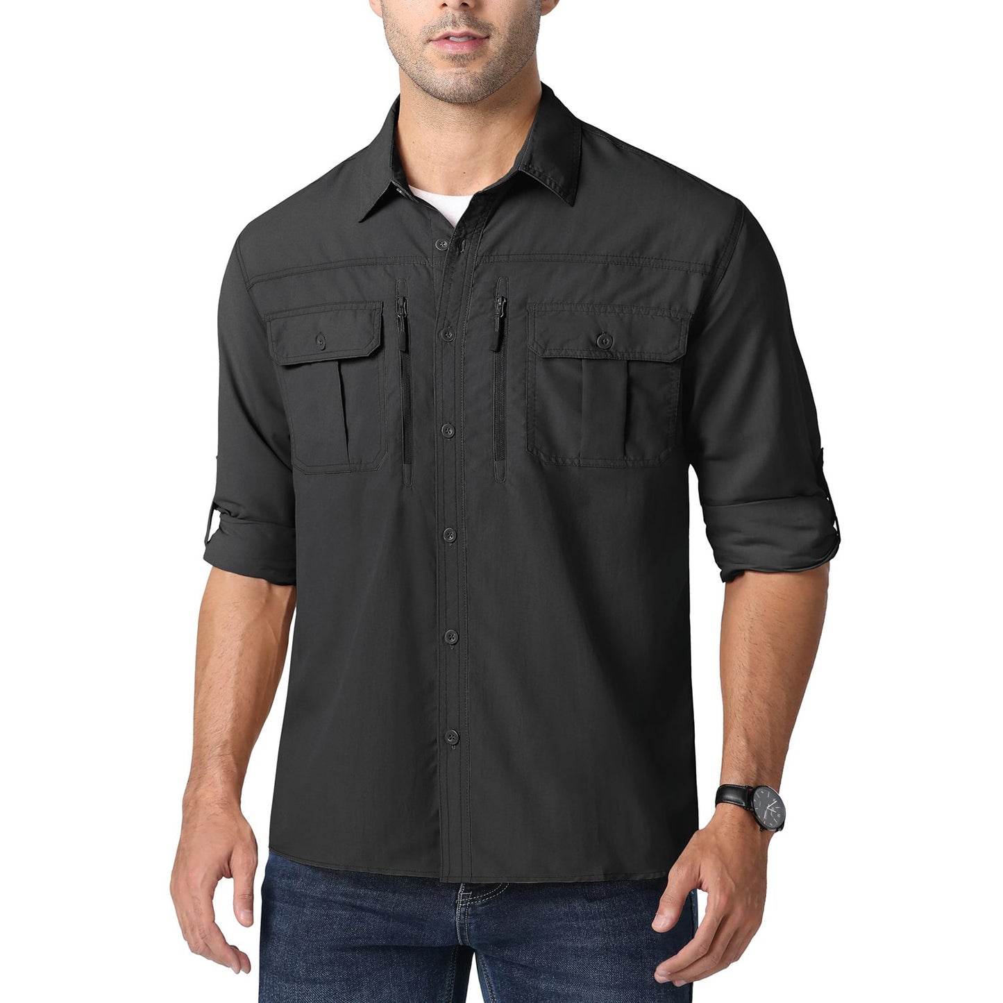 MAGCOMSEN UPF 50+ Mens Quick Dry Cargo Shirts Mesh Breathable Long Sleeve Work Shirts UV block Outdoor Hiking Fishing Shirts