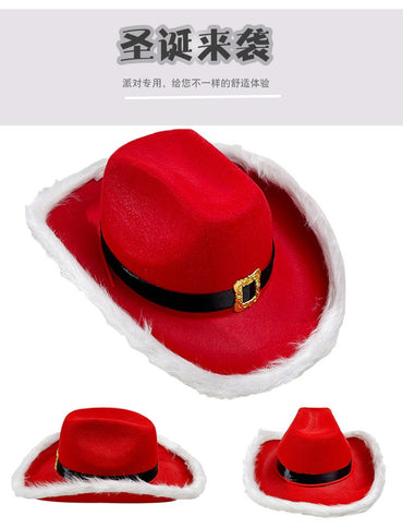 Chapéu de Cowboy Vermelho de Natal com Pena e Fivela Dourada, Chapéu de Festa Ocidental para Mulheres e Homens, Boné Flexível de Jazz Francês para o Natal