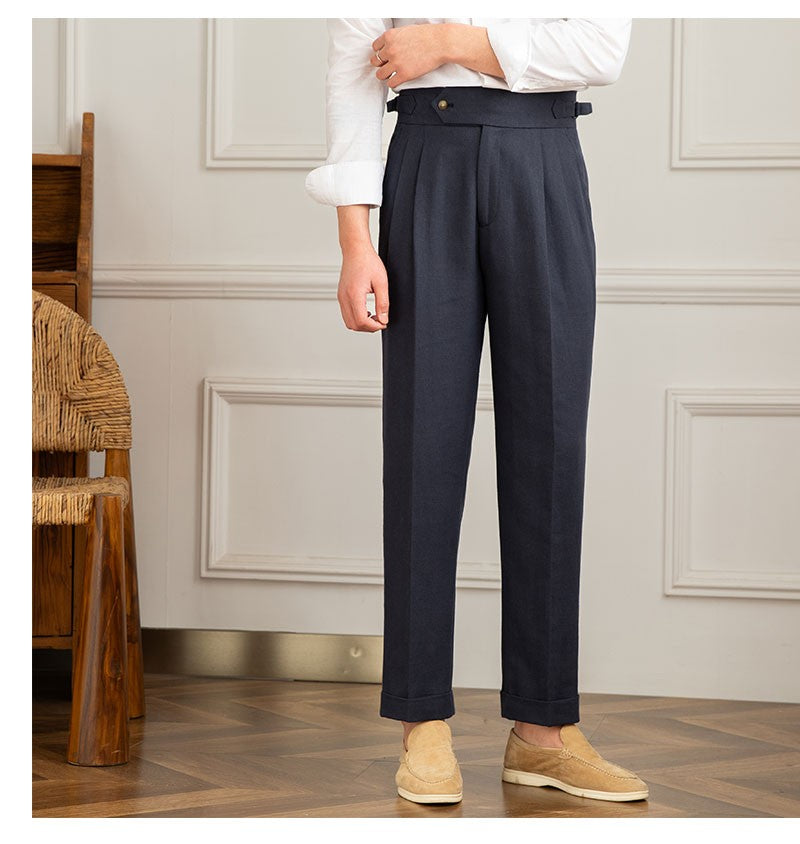 Three Gentleman Summer Naples Casual Straight Pants Men's Commuting Cotton and Linen Comfortable Breathable High Waist Pants