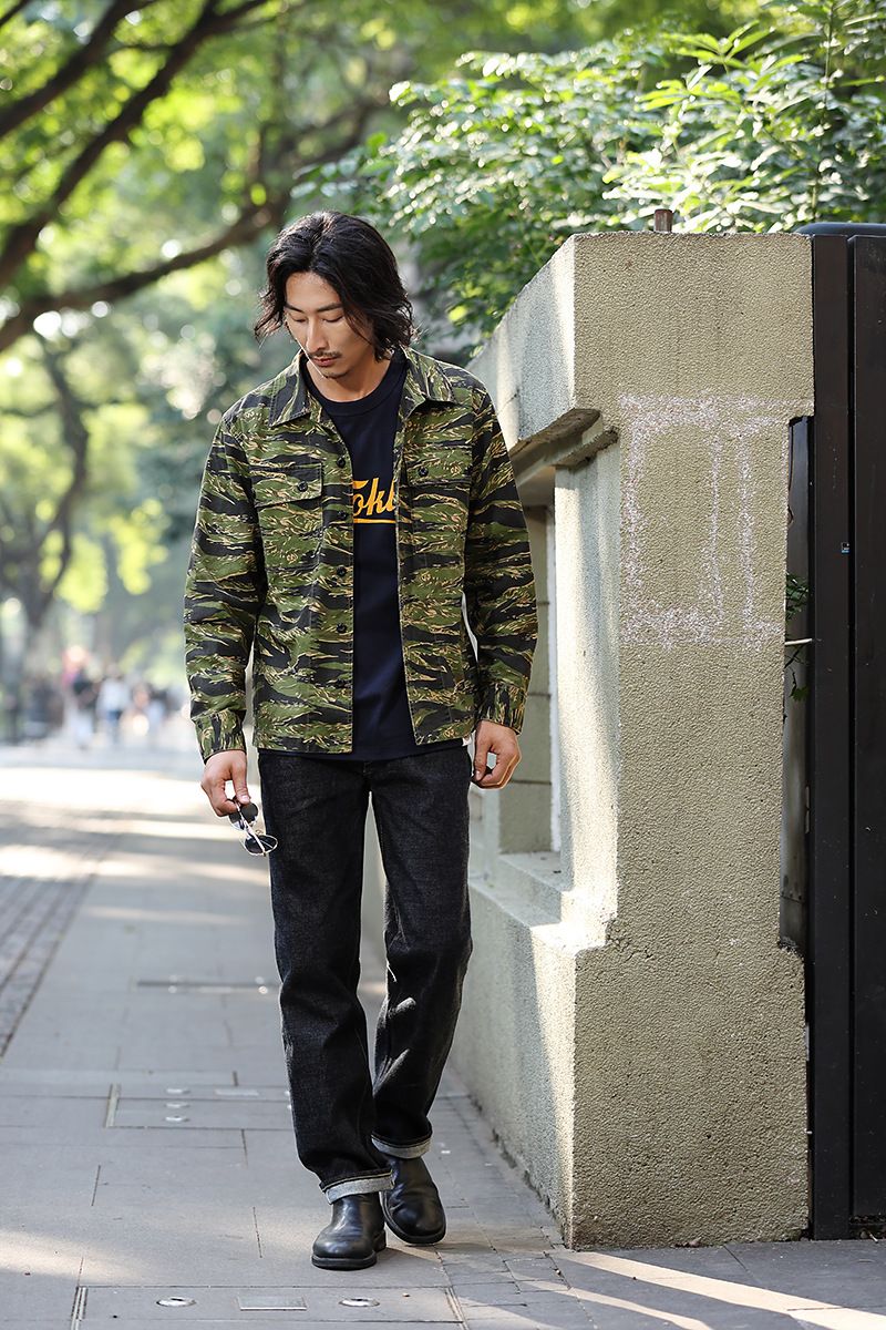 2025 Spring Men's Tiger Stripe Camo Camouflage Cargo Shirt Fashion Work Engineer Long Sleeved Shirt Jacket With Double Pockets