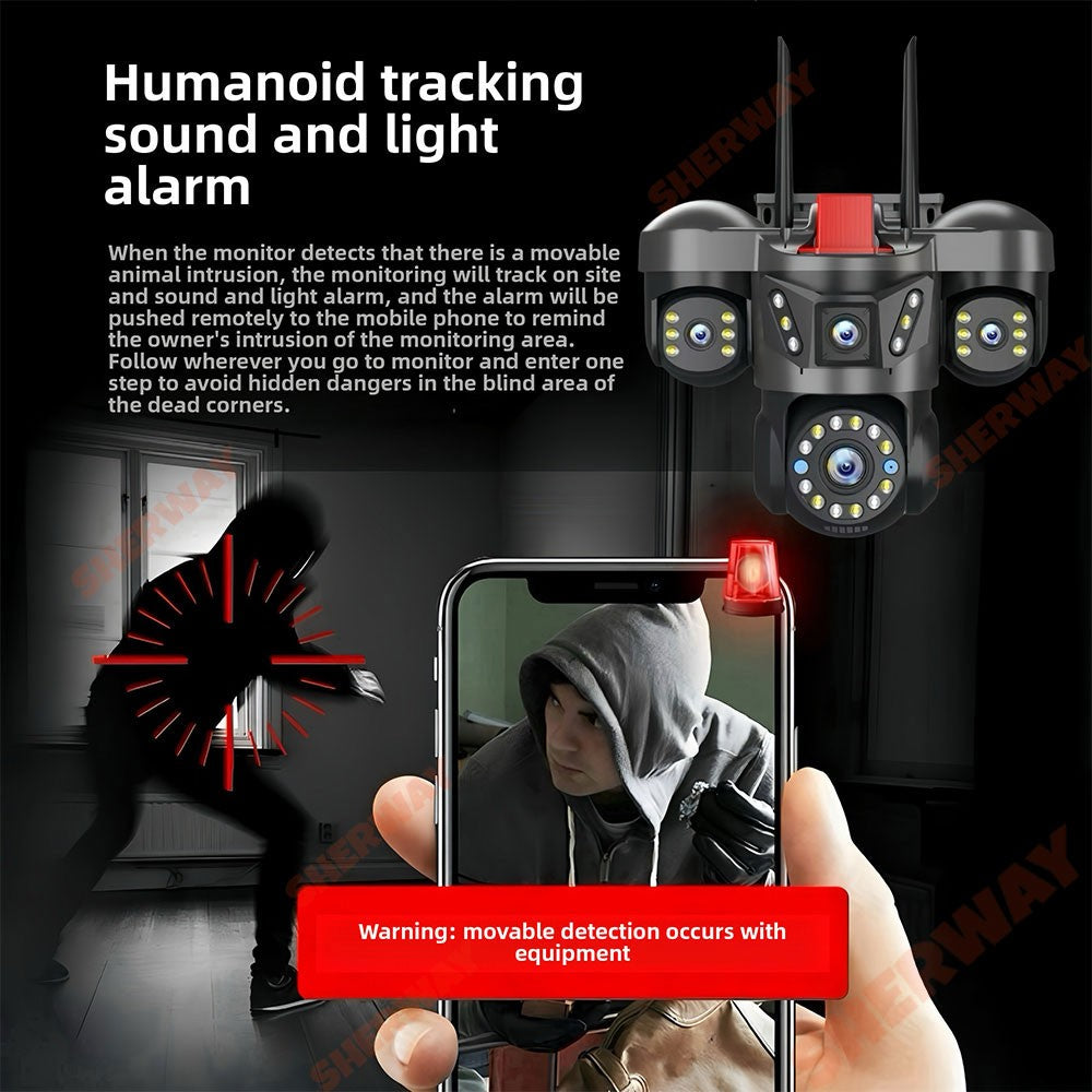 10K 20MP UHD Outdoor WiFi IP Camera Four Len Four Screen 360° 16X Zoom PTZ Security Cam Auto Tracking CCTV Wireless Surveillance