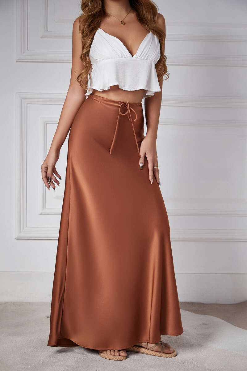 New In 2025 Spring Summer Solid Color Satin Long Skirt For Women High Waist Lace