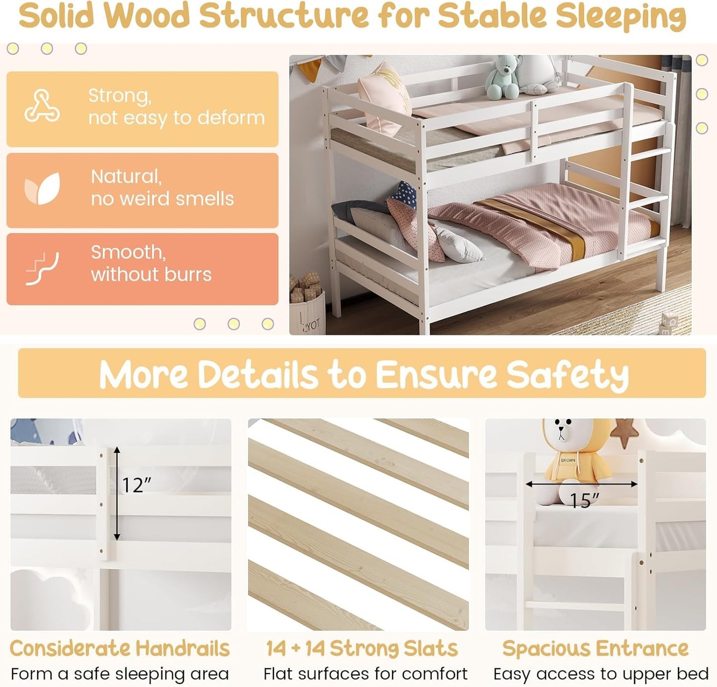Beliche de Madeira Maciça Branca Twin Over Twin com Escada Resistente e Grades de Proteção de 12 Polegadas, Cama de Madeira Tamanho Twin F