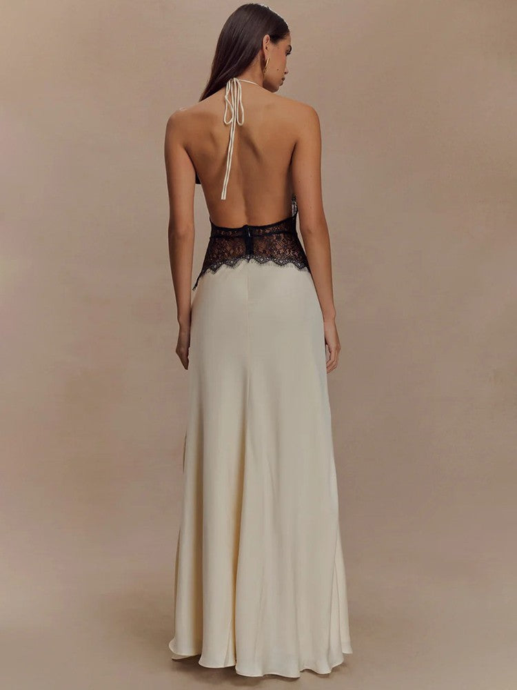 Mozision Summer Backless Sexy Maxi Dress Women Gown Patchwork Lace Halter Deep V
