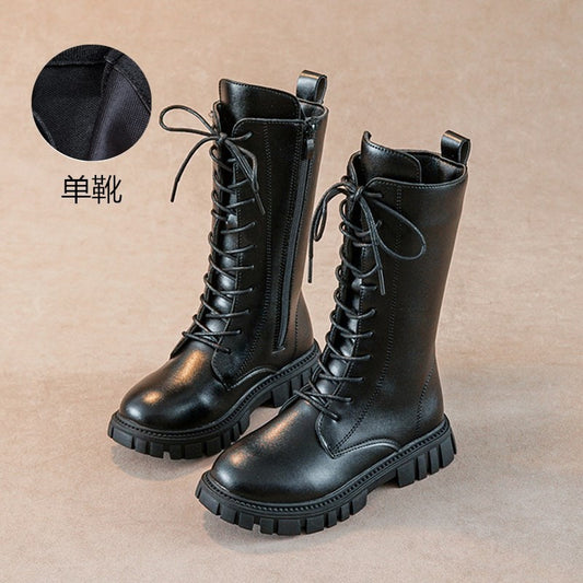 2025 Autumn/Winter Fashion Cool Baby Girls Warm Square Heel Round Toe Casual Lace-Up Comfortable Kids Black Mid Boots