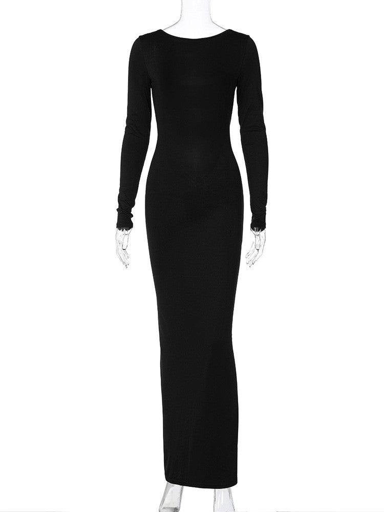 Hugcitar Spring Elegant Long Sleeve Backless Solid Cuched Sexy Bodycon Maxi Prom