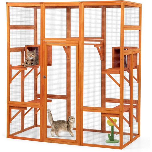 Orange Large Indoor Cat Condo with Perch, Play Area, 7 Platforms, 2 Boxes, Waterproof Roof, Safety Lock, 62.4L x 32.4W x 70H