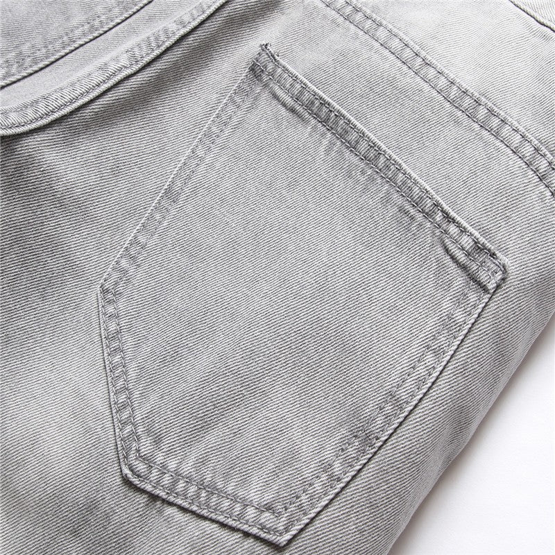 Mens Jeans Large-size Straight Light Gray Denim Trousers Spring and Autumn Full Length Male Pants Ripped Jeans
