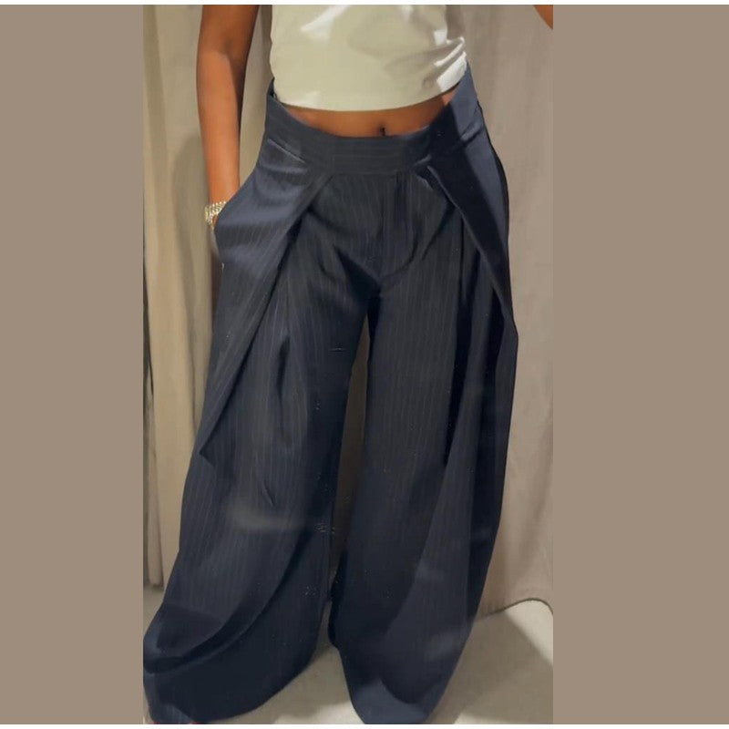 Casual Striped Loose Pants Women High Waist Pleated Straight Long Wide Leg Trousers Female 2025 Fashion Autumn Lady Bottoms