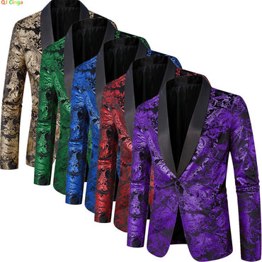 Men's Purple Print Suit Jacket Burgundy Long Sleeve Black Collar Single Button Coat for Wedding Party Stage Performance