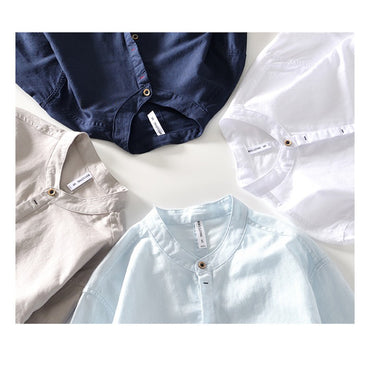 2024 Men's Linen Long-sleeved Shirt with Stand Collar, Youth Casual Loose Men's Cotton and Linen White Shirt.Beach Vacation Top