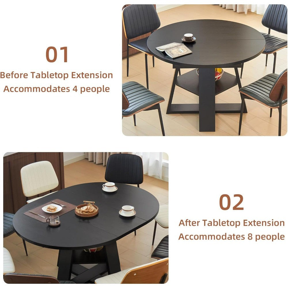 Mid Century Modern Extendable Dining Table Seats 4-8, Round & Oval with Hidden Leaves for Space-Saving