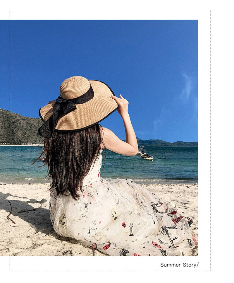 Women Summer Beach Travel Straw Hat Korean Seaside Big Hat Brim Sunblock Sunshade Holiday Foldable Fashion Big Cool Hat