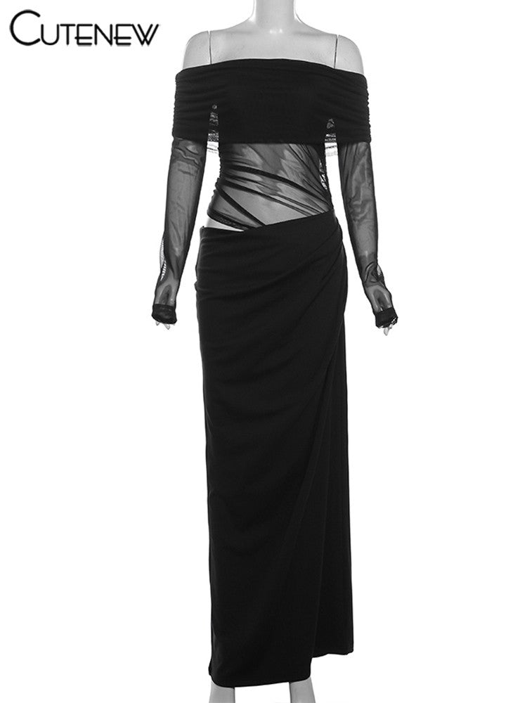 Cutenew Mesh Ruched Women Maxi Dress Sexy See Through Off Shoulder Long Sleeve S