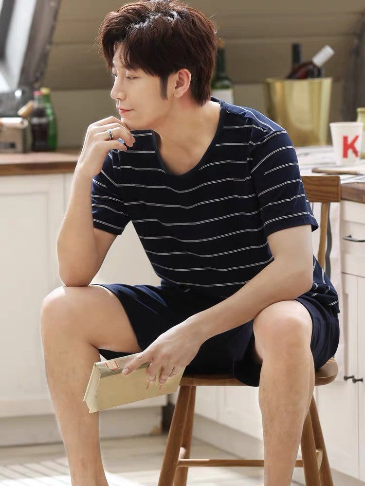 Summer Men's Pajamas Homewear Set Men's Short-Sleeved Shorts Teenage Students Cartoon Striped Casual Pajamas Homewear Set