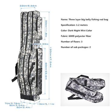 Bolsa de pesca marítima dobrável de três camadas 1,2 m/1,5 m, grande capacidade, bolsa de vara de pesca de ombro duplo, kit de ferramentas para armazenamento externo