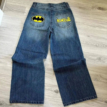 Harajuku Hip Hop Cartoon Letter Embroidery Retro Blue Baggy Jeans Mens Womens Jeans Rock Low Waist Wide Leg Trousers Y2K Clothes