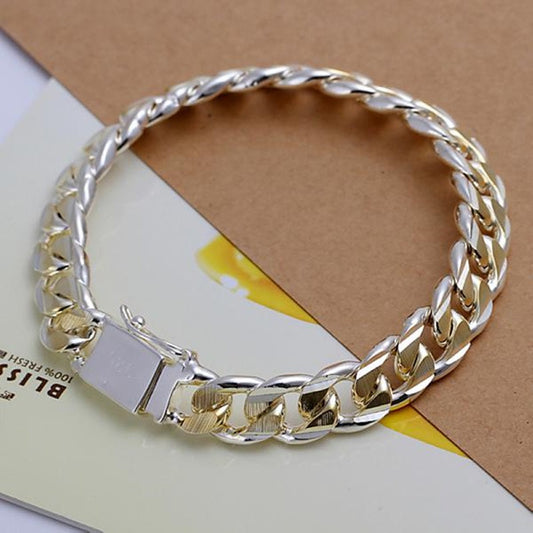 925 Sterling Silver Colorful 10 MM Sideways Cuban Chain Mens & Womens Wedding Bracelet Fashion Charm Birthday Gift