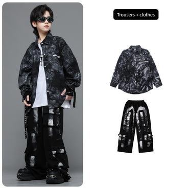 Roupas Infantis Hip Hop Casaco Brilhante Preto Top Calças Jogger Pretas de Rua para Meninas Meninos Fantasia de Dança Jazz Roupas