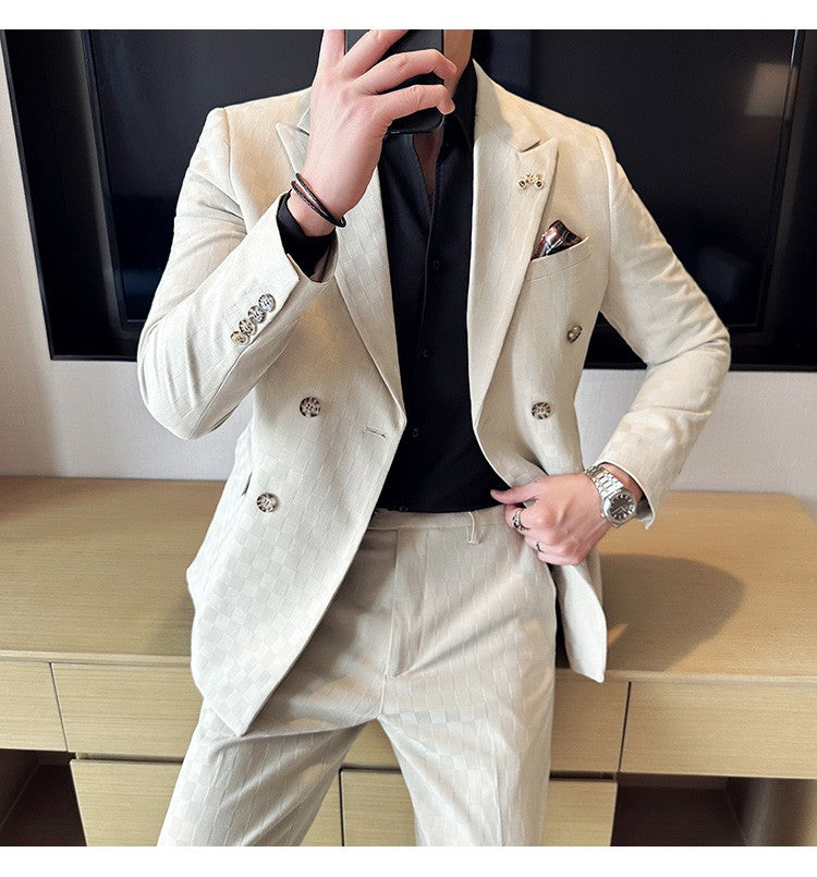 (Jacket+Pants)Luxury Checkered Double Breasted Suit 2 Pieces Fashion Business Slim Fit Social Formal Suit Evening Dress 5XL-M