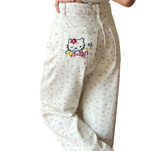 2025 New Women Beige Hello Kitty Floral Print Jeans High Waisted Wide Leg Straight Pants Casual Versatile Y2K Cute Fashion