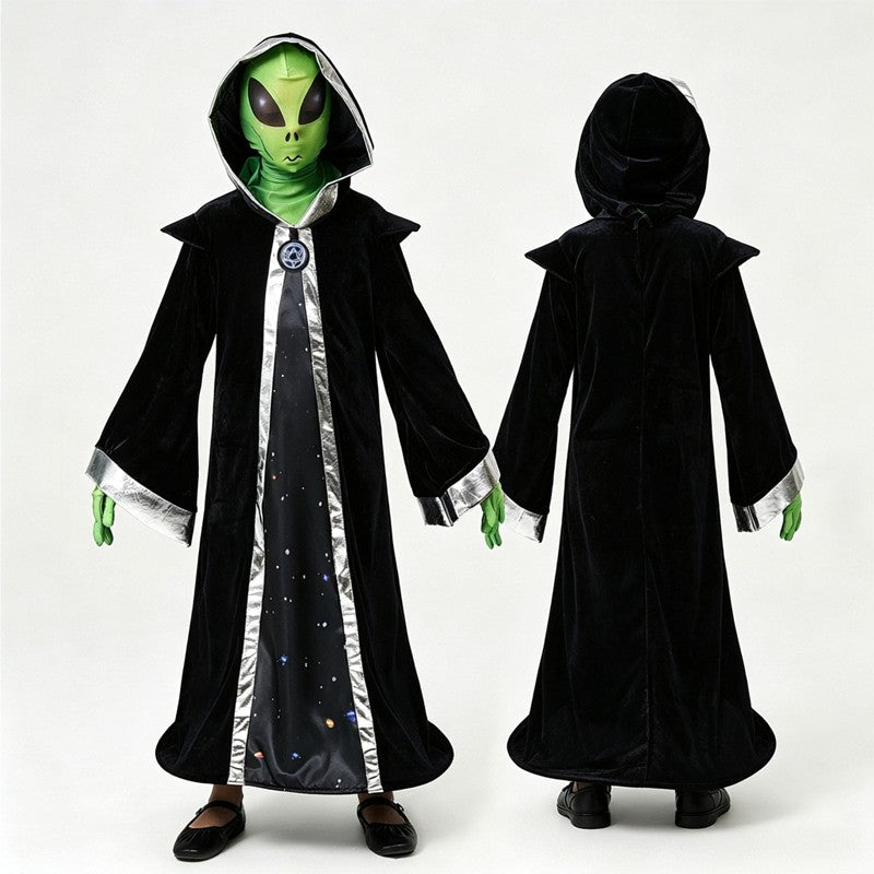 Adult Child Alien Wizard Cosplay Costume Starry Sky Hooded Cape Green Gloves Mesh Mask Perfect Halloween Parties Space Adventure