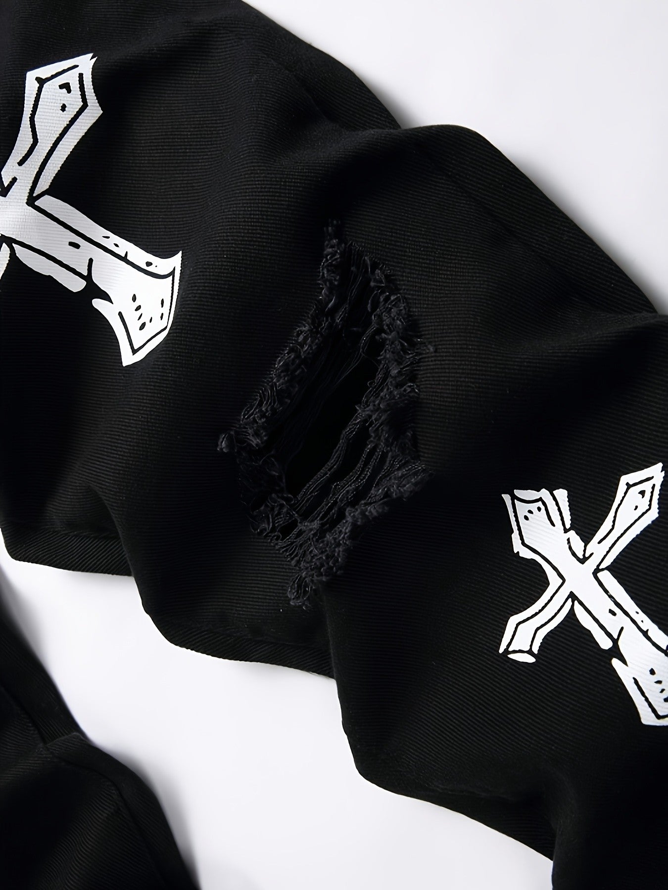 High street black youth cross print elastic hole patch tight jeans for men