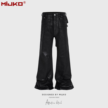 MIJKO Black Wax Leather Strecth Jeans for Men Women Baggy Flare Pants Oversized Straight Denim Trousers ZJ004