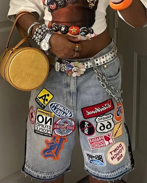 American Retro Denim Shorts Y2K Jeans Harajuku Hip Hop Cartoon Embroidery Retro Baggy Shorts Low Waist Sports Basketball Shorts