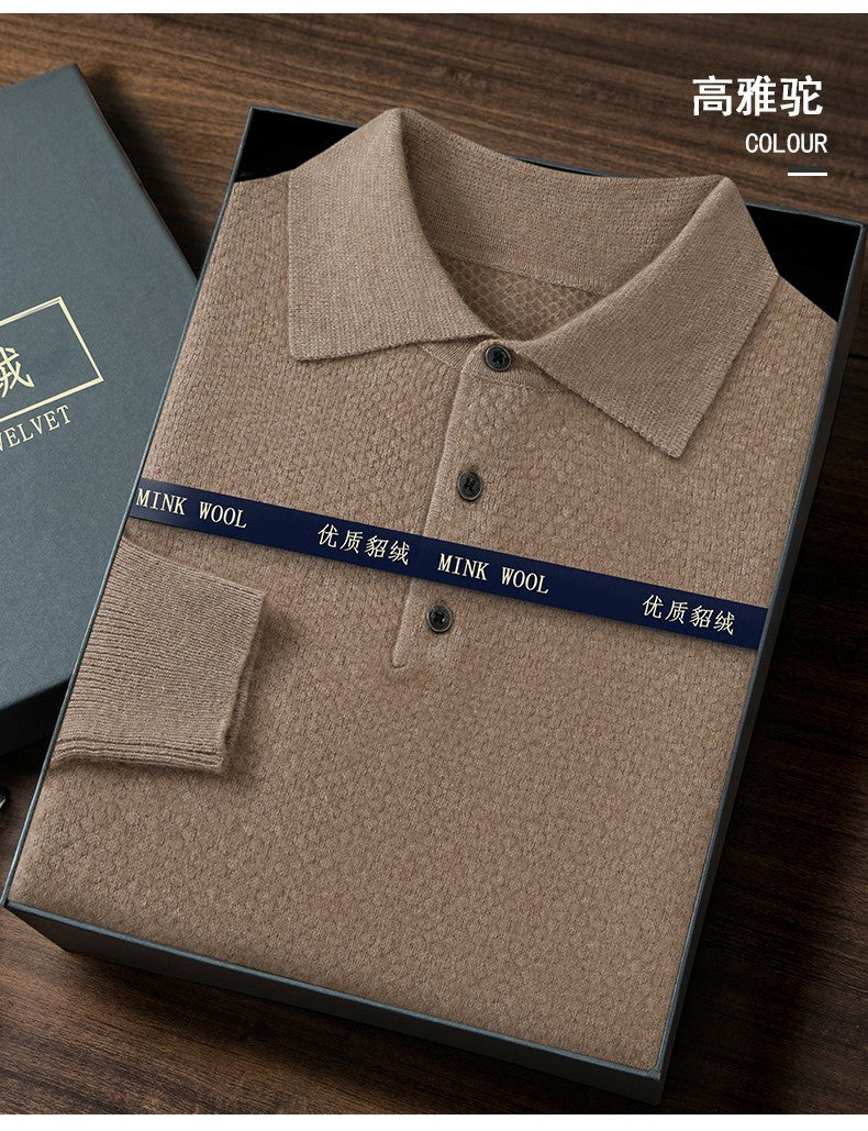 Autumn And Winter New Mink Cashmere Sweater Men's POLO Collar Thickened Loose Lapel Cashmere Long Sleeve Knit Bottoming Shirt