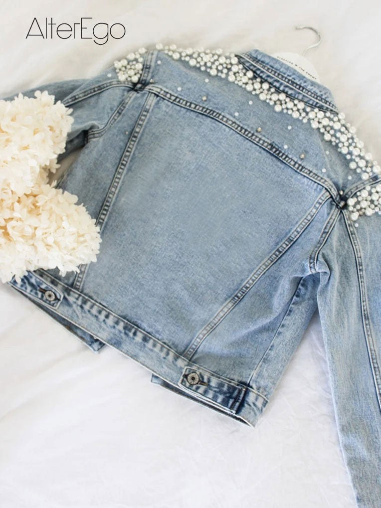 Luxury Jean Jackets Bride Pearl Denim Coat Bridal Pearls Coats Future Denim Outerwear Wedding Women's Clothing 2023 Solid Jacket